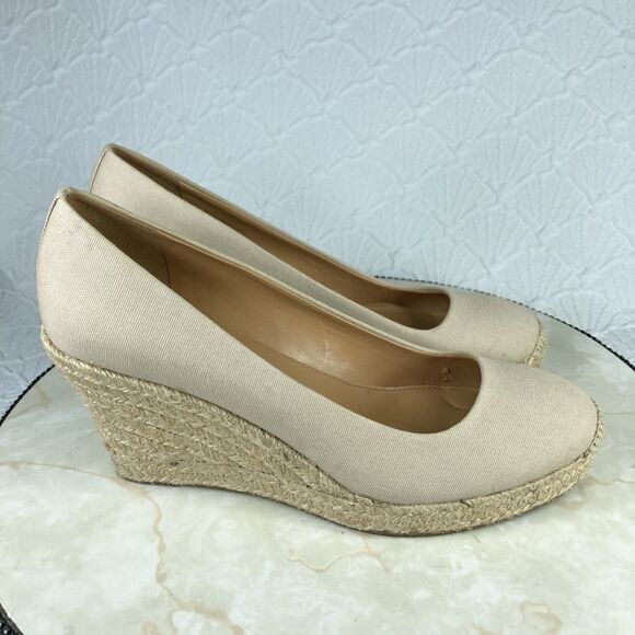 J. Crew Heels Women 9 Beige Canvas Comfort Summer Slip On Espadrille Wedge Pumps - Picture 2 of 14